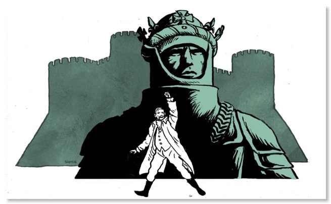 Graphic of Hamilton as Henry V, with a castle as a backdrop